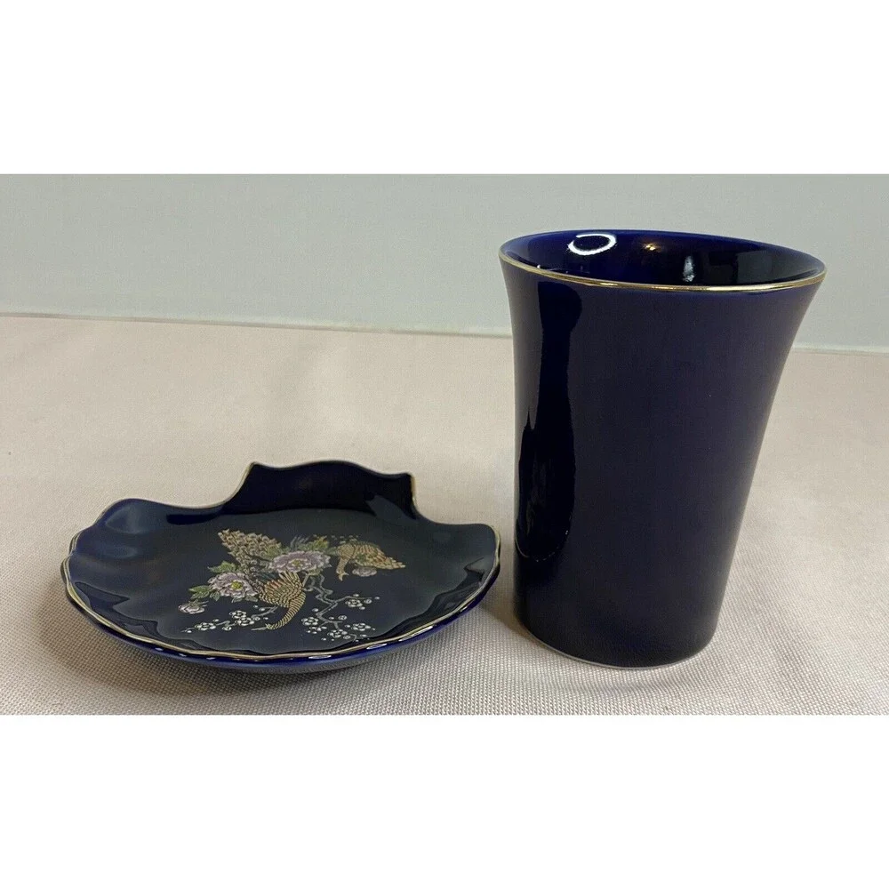 Vintage Japanese Blue Floral Ceramic Bathroom Set Cup and Soap Dish